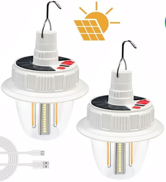 96 Pieces 2-Pack Solar Campings (Rechargeable Tungsten Outdoor Lantern – 3 Light Color Modes – IP65 Waterproof with Hook for Camping & Emergency)