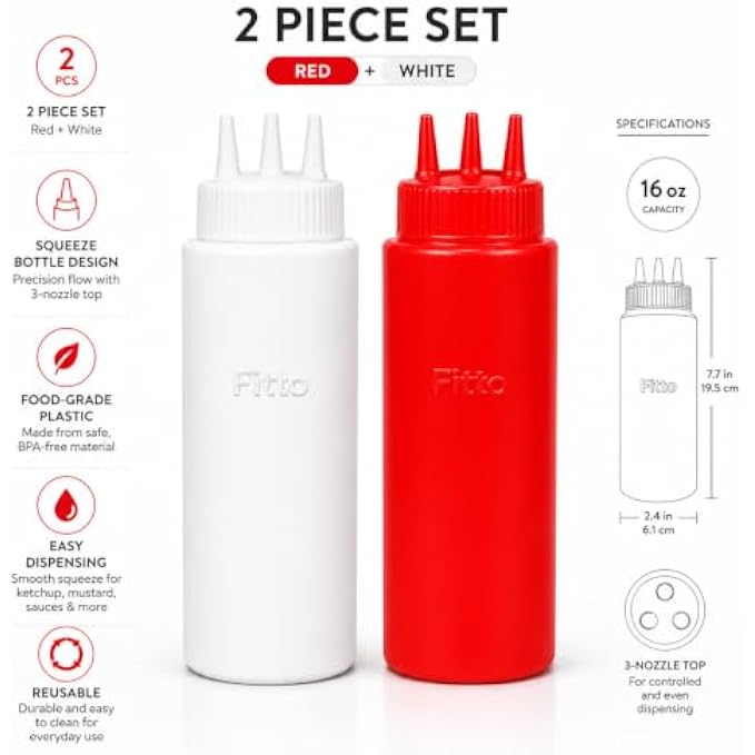 240 Pieces 2 Piece Squeeze Bottle Sets (16 oz Red and White Condiment Bottles with 3-Nozzle Top – Food-Grade BPA-Free Plastic Sauce Dispenser Bottles for Ketchup – Mustard – Sauces and Kitchen Use)
