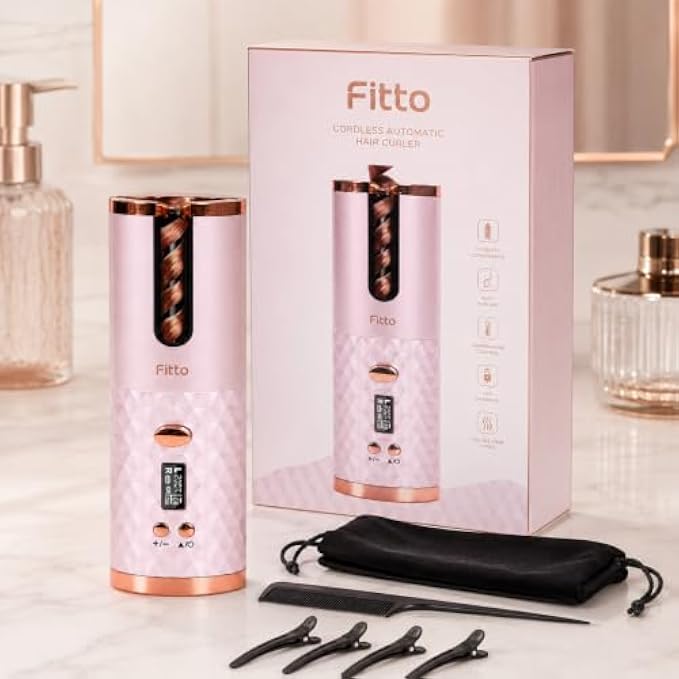 60 Pieces Cordless Automatic Hair Curlers with LCD Display (One-Touch Curling Chamber and Rechargeable Portable Design – Pink and Rose Gold)