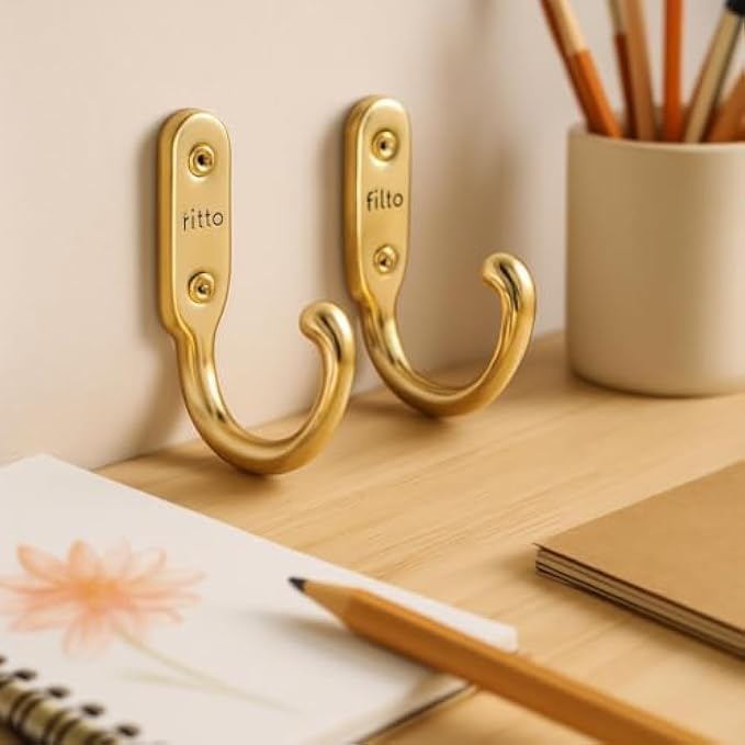 Brass Plated Robe Hook Pack of 2 - Wall-Mounted Towel Hook, Coat Hook, Bathroom Hook, Robe Hanger