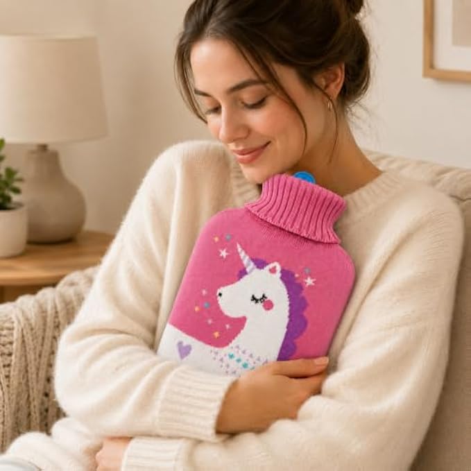 96 Pieces 2L Hot Water Bags with Pink Unicorn Knitted Cover (Reusable Warm Water Bottle with Leak-Resistant Stopper for Cozy Comfort)