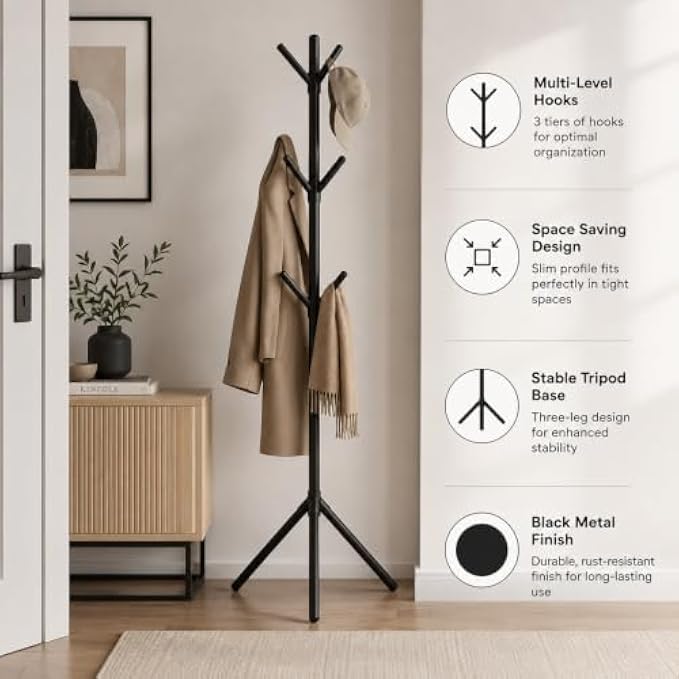72 Pieces 3-Tier Freestanding Metal Coat Racks with Multiple Hooks and Tripod Base for Coats (Hats – Bags – Entryway – Bedroom and Office – Black)