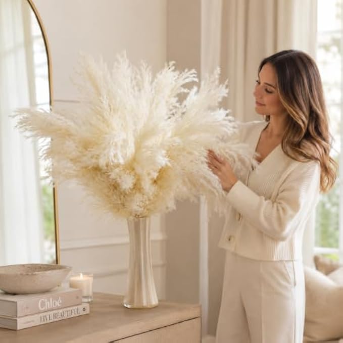 96 Pieces White Pampas Grass Decors (Soft Fluffy Dried Floral Stems for Vase – Living Room – Bedroom – Office and Event Decoration)