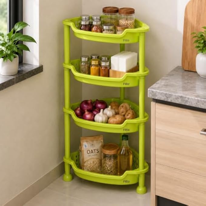72 Pieces 4 Tier Corner Shelves (Plastic Corner Storage Rack with Ventilated Baskets – Space Saving Organizer for Kitchen – Bathroom and Home – 380 x 280 x 800 mm – Green)