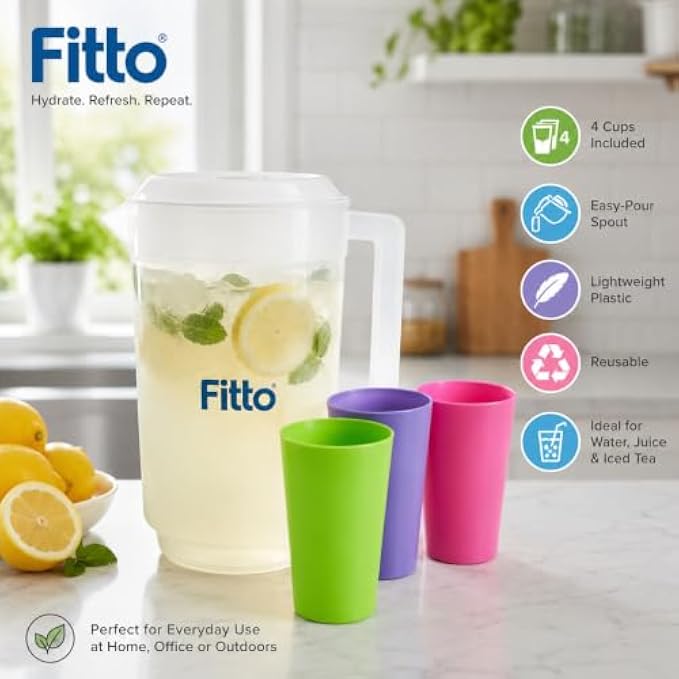 96 Pieces Plastic Water Jugs (4-Glass Set – 2000ml Jug and 300ml Cups – BPA-Free Food-Grade Drinkware Set for Water – Juice – Iced Tea and Everyday Family Use)