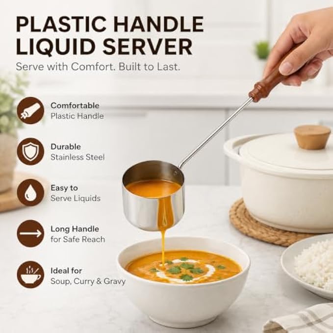 96 Pieces Stainless Steel Liquid Servers with Long Plastic Handle (Deep Serving Ladle for Soup – Curry – Gravy and Sauces – Silver and Brown)