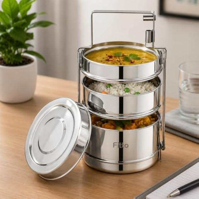 72 Pieces 3 Layer Stainless Steel Lunch Boxes with Carry Handle (304 Food-Grade Tiffin Carrier – Leak-Resistant Side Locks – Reusable Food Storage Container – Silver)