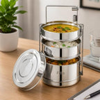 72 Pieces 3 Layer Stainless Steel Lunch Boxes with Carry Handle (304 Food-Grade Tiffin Carrier – Leak-Resistant Side Locks – Reusable Food Storage Container – Silver)