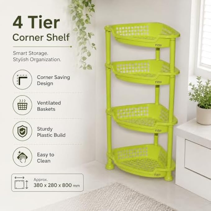 72 Pieces 4 Tier Corner Shelves (Plastic Corner Storage Rack with Ventilated Baskets – Space Saving Organizer for Kitchen – Bathroom and Home – 380 x 280 x 800 mm – Green)