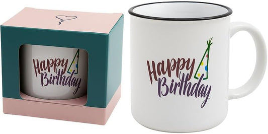Ceramic Mug with Black Border and Cap Design - Happy Birthday Print