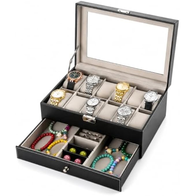 48 Pieces Watch and Jewelry Organizer Boxes with Glass Lid (12 Watch Compartments and Pull-Out Drawer for Rings – Bracelets and Accessories – Black)