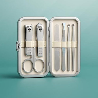 Compact Manicure Set 10.7x6.7cm - Portable Travel Nail Kit with Nail Clippers Scissors File Tweezers Cuticle Pusher Stainless Steel Case