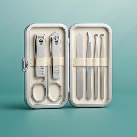 Compact Manicure Set 10.7x6.7cm - Portable Travel Nail Kit with Nail Clippers Scissors File Tweezers Cuticle Pusher Stainless Steel Case