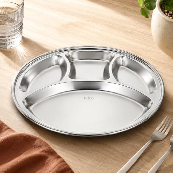 96 Pieces Stainless Steel Mess Trays (4 Compartment Round Food Plate – 304 Food-Grade Steel Dinner Thali – Reusable Serving Plate for Home – Canteen – Office)