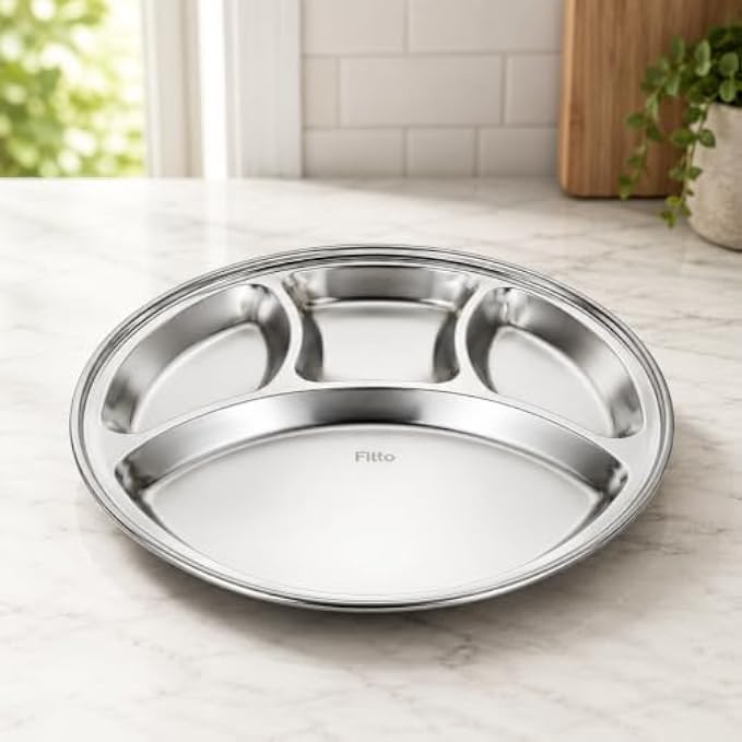 96 Pieces Stainless Steel Mess Trays (4 Compartment Round Food Plate – 304 Food-Grade Steel Dinner Thali – Reusable Serving Plate for Home – Canteen – Office)