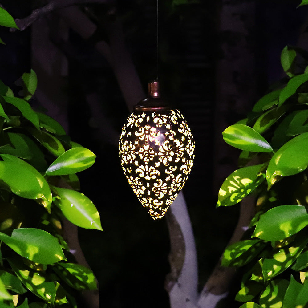 Solar-Powered Bronze Garden Lantern with Intricate Cut-Out Patterns