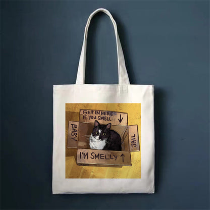 Eco-Friendly White Cat Tote Bag - Sustainable Cotton Reusable Shopping Bag