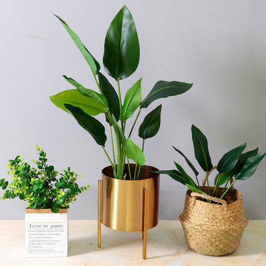 Gold indoor plant holder with woven basket