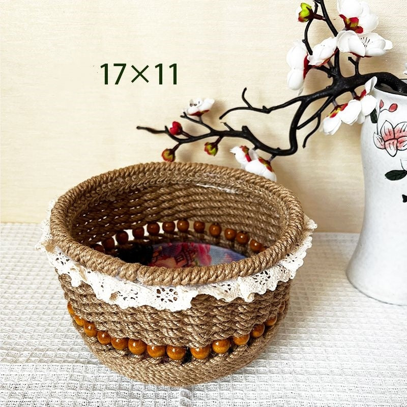 Eco-Friendly Jute Decorative Basket with Lace Trim for Home Organization