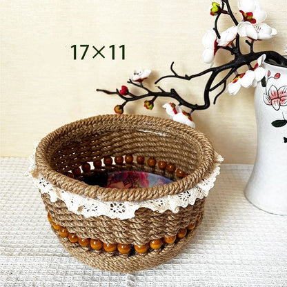 Eco-Friendly Jute Decorative Basket with Lace Trim for Home Organization