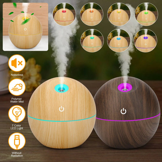 Spherical LED Essential Oil Diffuser with Wood Finish