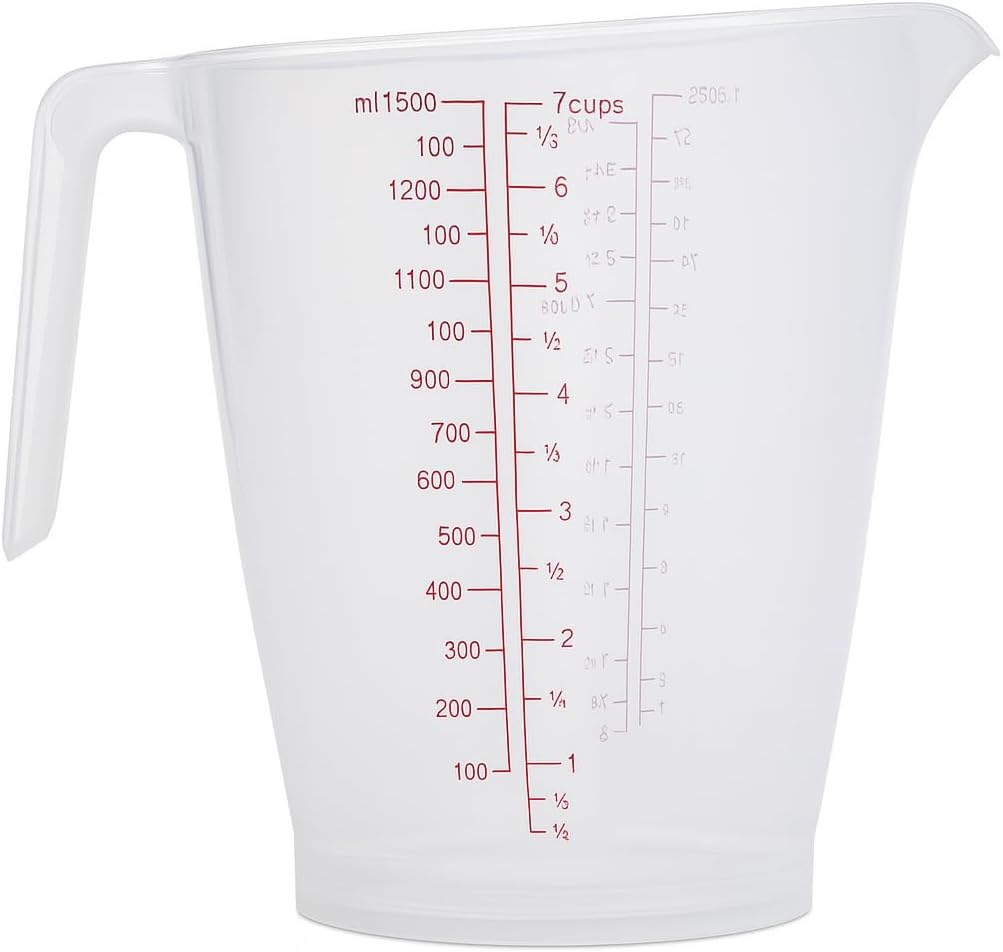 144 Pieces 1500ml Plastic Measuring Cups (Transparent Jug for Cooking & Baking – Easy-Read Red Markings – Non-Slip Handle – Slanted Spout – Stackable BPA-Free 7 Cup Measure for Accurate Liquid Measurements)