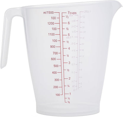 1500ml Plastic Measuring Cup – Transparent Jug for Cooking & Baking – Easy-Read Red Markings, Non-Slip Handle, Slanted Spout – Stackable BPA-Free 7 Cup Measure for Accurate Liquid Measurements