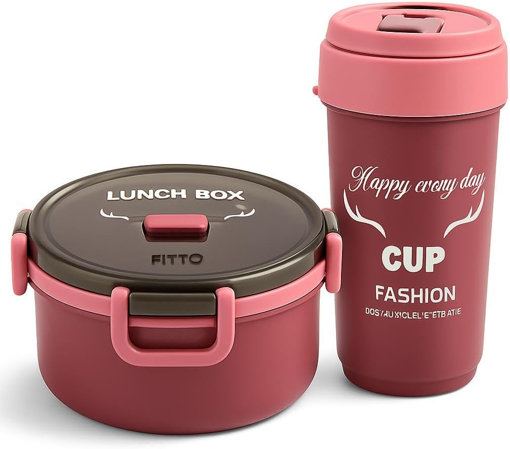 Lunch Box with Bottle Set Maroon - Children School Meal Container & Drink Bottle