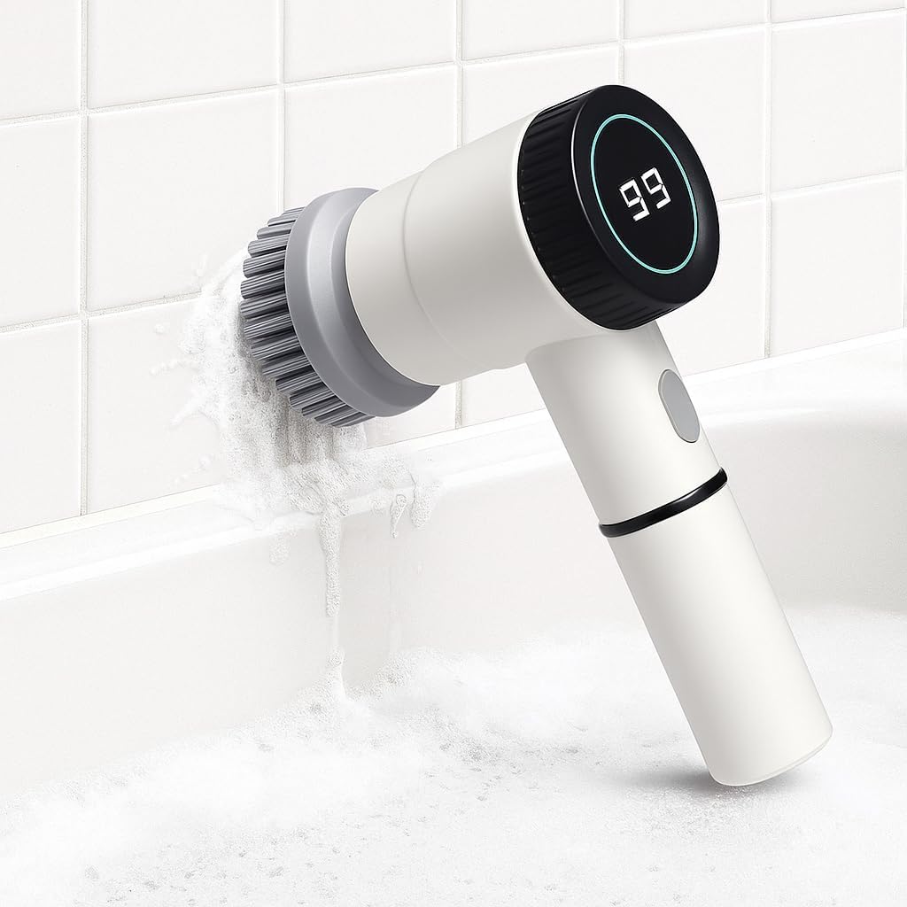 Electronic Cleaning Brush for Bathroom & Kitchen | LED Display, 5 Brush Heads, 3 Cleaning Modes | Powerful Scrubber for Tough Stains | Multipurpose Cordless Cleaner for Home Surfaces