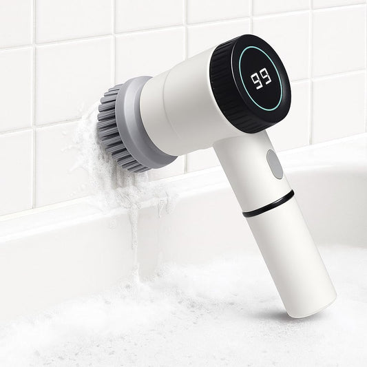 Electronic Cleaning Brush for Bathroom & Kitchen | LED Display, 5 Brush Heads, 3 Cleaning Modes | Powerful Scrubber for Tough Stains | Multipurpose Cordless Cleaner for Home Surfaces