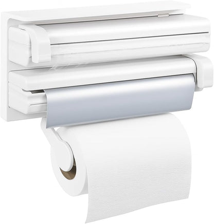 3 in 1 Aluminium Triple Dispenser with Spice Rack for Kitchen Roll Tissue - White