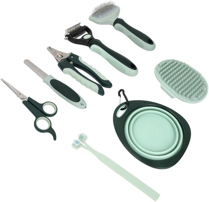 60 Pieces Cat Grooming Tool sets (including Dematting rake – Nail file – Silicone bath brush – Dual-headed toothbrush – Scissors – Collapsible cat bowl – Nail clippers – and Slicker brush – Assorted Colors.)
