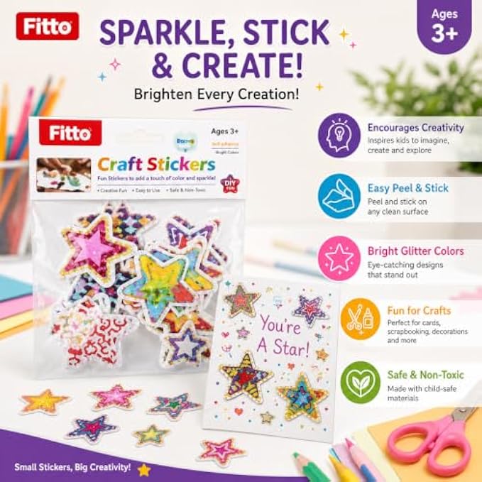 240 Pieces Glitter Star Craft Stickers (Assorted Self-Adhesive Star Shapes for Cards – Journals – Scrapbooks and DIY Decorations)