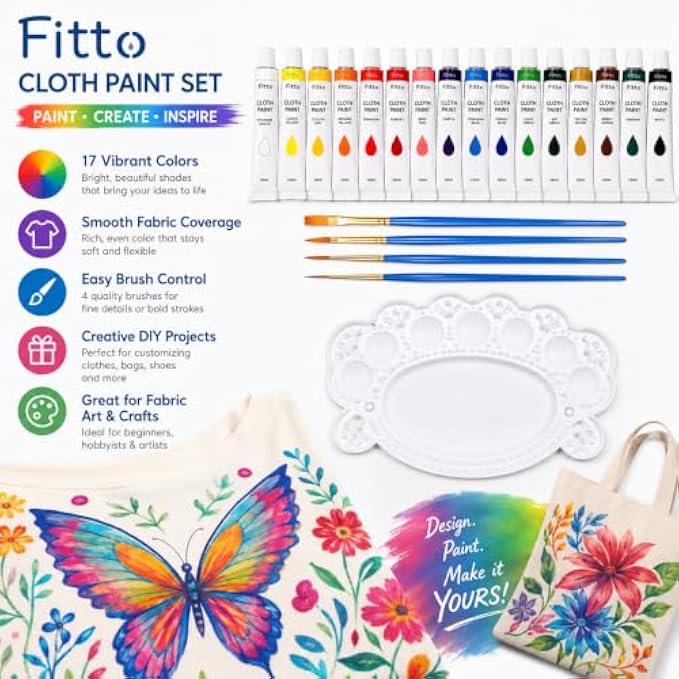 96 Pieces Cloth Paint Sets (17 x 12 ml Fabric Paint Tubes with 4 Brushes and Mixing Palette – Assorted Colors)