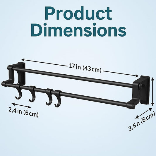 Towel Holder with 4 Hooks – Black Metal Wall Mount, Kitchen Organizer with Double Hanger for Hand Towels, Self-Adhesive, No Drill, Space-Saving Design for Bathroom and Kitchen
