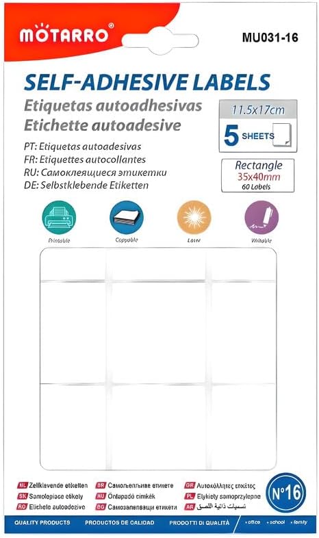 Adhesive Labels 5 Sheets Rectangle 11.5x17cm, 60 Labels 35x40mm for Organizing and Labeling