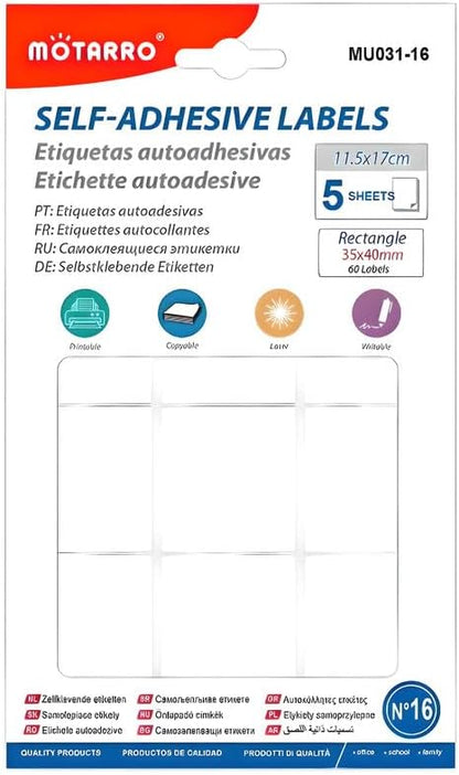 Adhesive Labels 5 Sheets Rectangle 11.5x17cm, 60 Labels 35x40mm for Organizing and Labeling