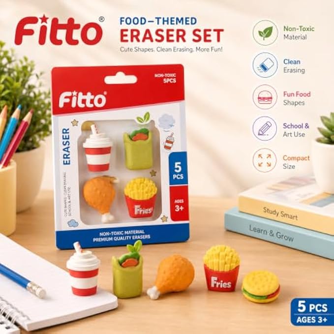 144 Pieces Food-Shaped Eraser Sets (4-Piece Assorted Drink Cup – Wrap – Fries and Chicken Pencil Erasers)