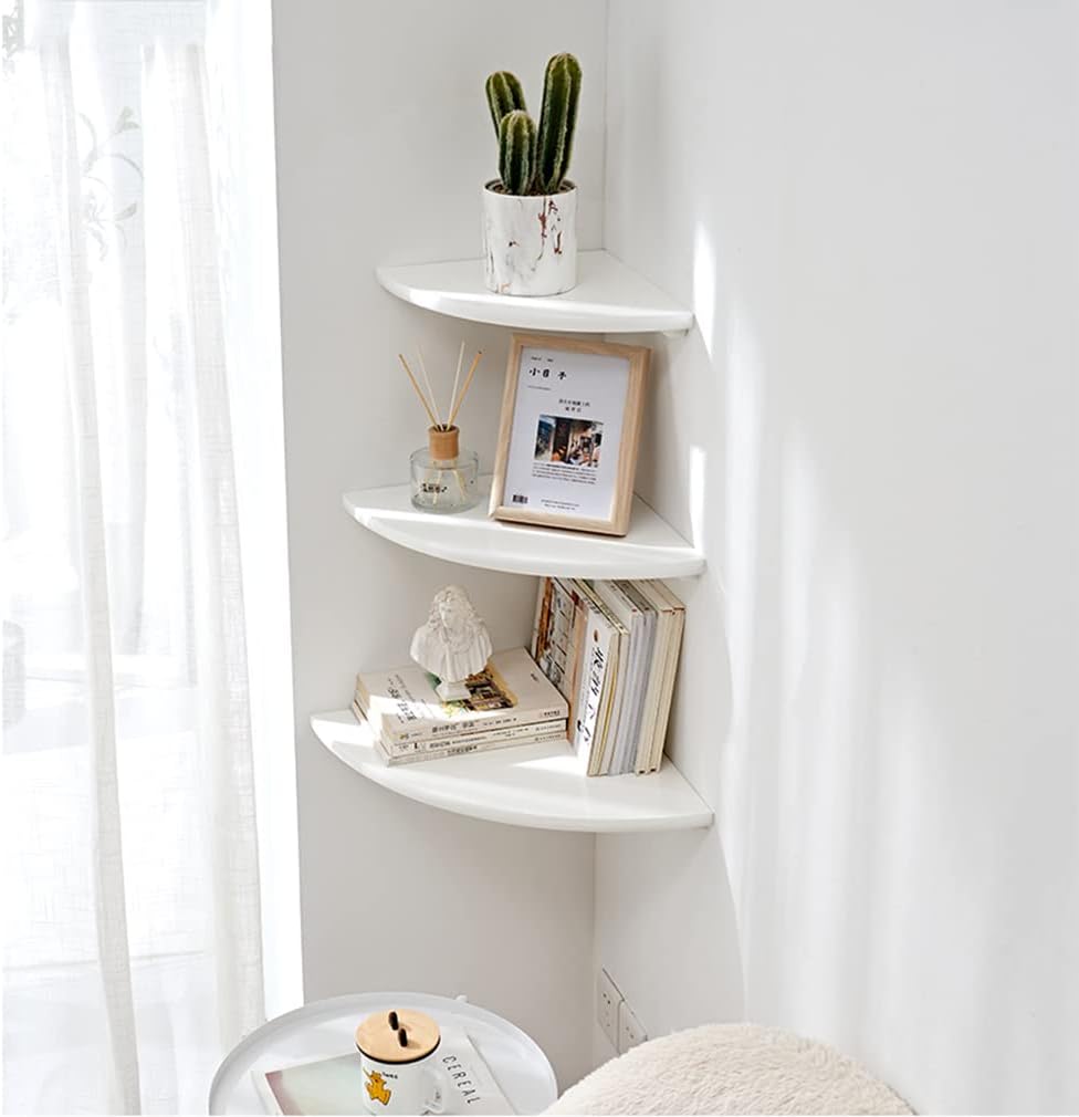 96 Pieces 12-Inch White Corner Floating Shelves (Wall-Mounted with Natural Oak Wood – Space-Saving Round End Design for Bedroom – Kitchen – and Living Room Storage)