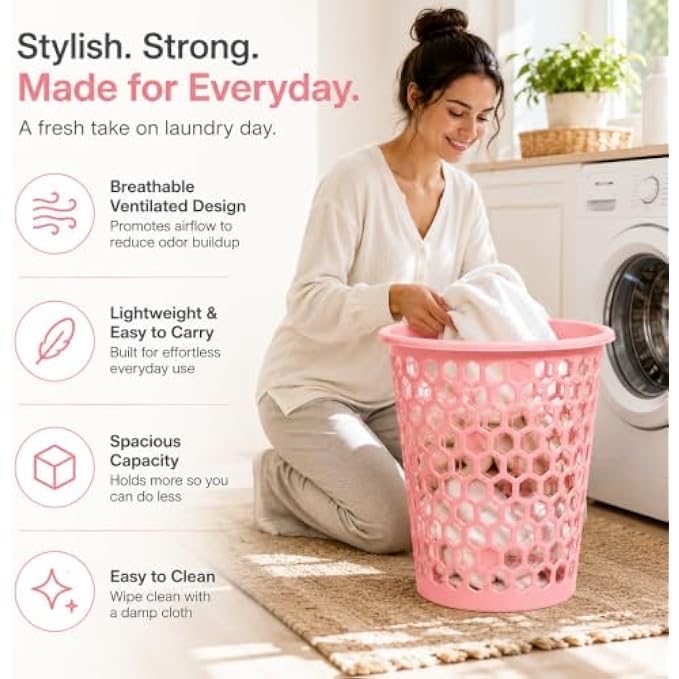 96 Pieces Plastic Laundry Baskets with Ventilated Honeycomb Design (Lightweight Open-Top Clothes Hamper for Bedroom – Bathroom and Laundry Room – Pink)
