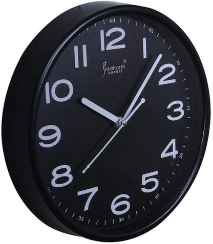 Sleek Black 25cm Round Wall Clock for Living Room, Bedroom, Kitchen, and Office | Stylish and Minimalist Design | Silent Quartz Movement with Easy-to-Read Numbers