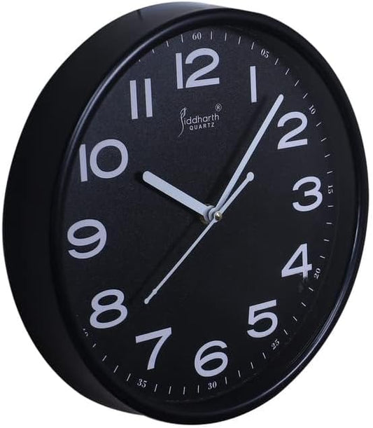 Sleek Black 25cm Round Wall Clock for Living Room, Bedroom, Kitchen, and Office | Stylish and Minimalist Design | Silent Quartz Movement with Easy-to-Read Numbers