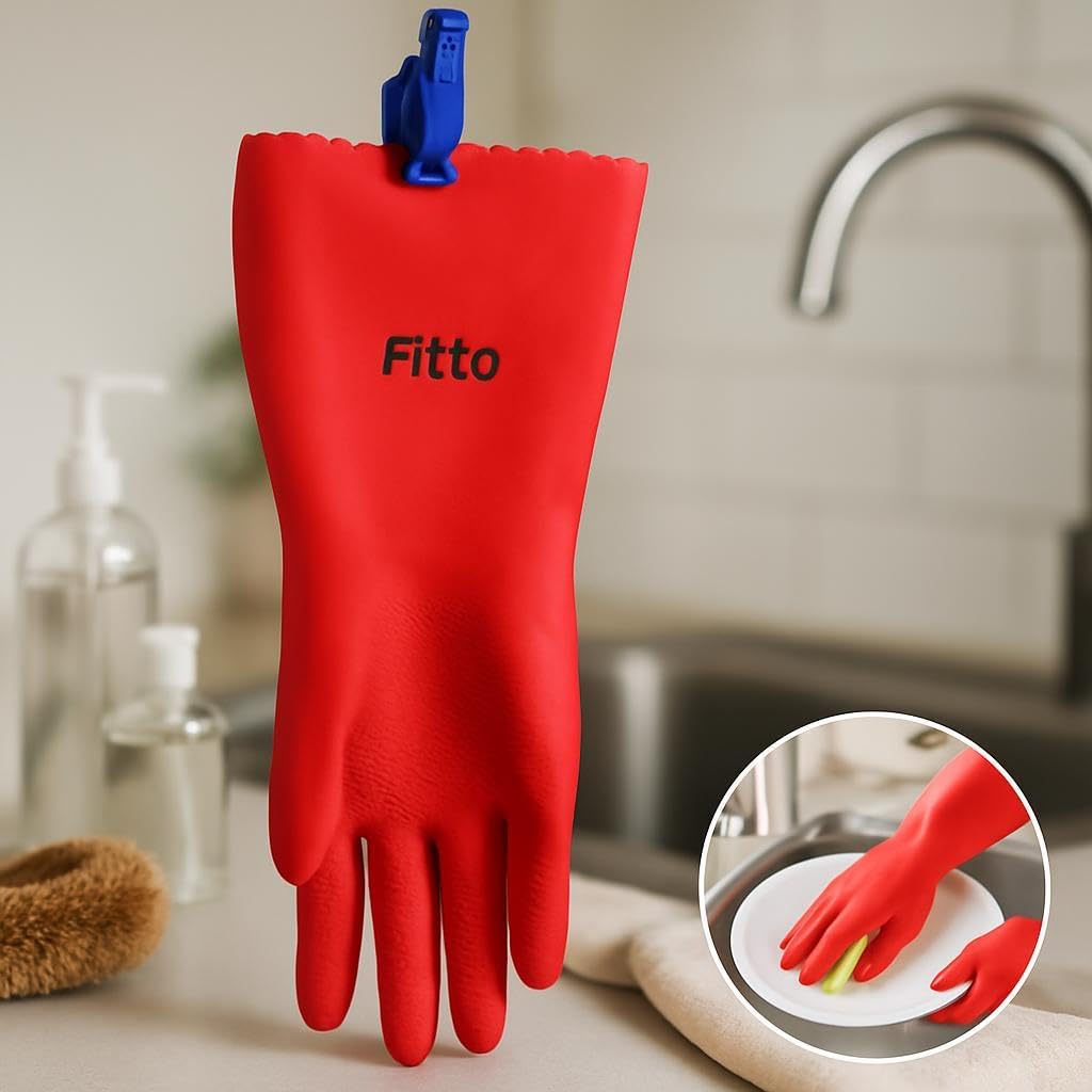 Red Rubber Cleaning Gloves with Textured Grip for Household Tasks