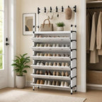 72 Pieces 6 Layer Shoe Racks with Front Doors (Space Saving Shoe Organizer with Top Hooks for Entryway – Bedroom – Closet and Hallway – White and Black)