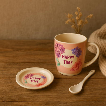 Ceramic Mug with Spoon and Lid, Pink Outer, White Interior, Happy Time Floral Design