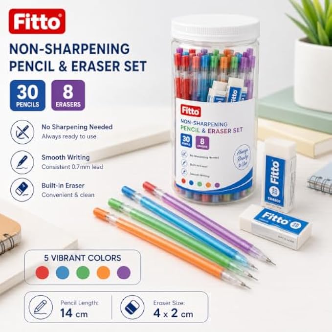 96 Pieces Non-Sharpening Pencil and Eraser Sets (30pcs Assorted Colors 0.7 mm Mechanical Pencils with 8pcs Erasers for Writing – Notes – School – Home and Office)