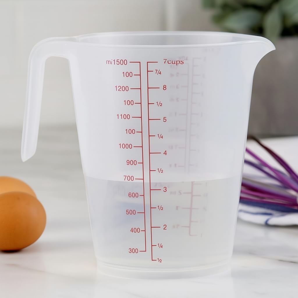 144 Pieces 1500ml Plastic Measuring Cups (Transparent Jug for Cooking & Baking – Easy-Read Red Markings – Non-Slip Handle – Slanted Spout – Stackable BPA-Free 7 Cup Measure for Accurate Liquid Measurements)