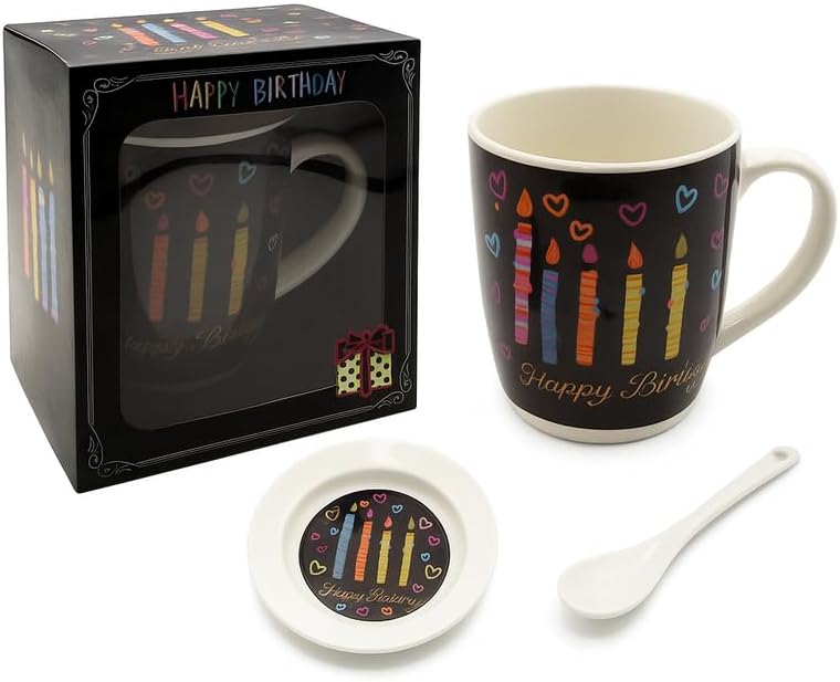 Ceramic Mug with Spoon and Lid, Black Outer, White Interior, Happy Birthday Candle Design