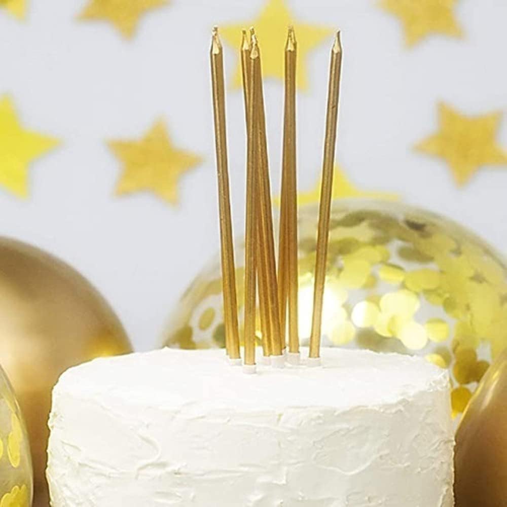 6Pcs Long Thin Birthday Cake Candles with Stand - Gold, Celebration Party Candle, Housewarming, Anniversary Candle for Cakes, 13cm