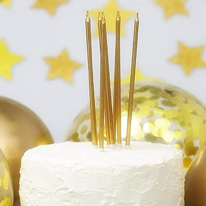6Pcs Long Thin Birthday Cake Candles with Stand - Gold, Celebration Party Candle, Housewarming, Anniversary Candle for Cakes, 13cm